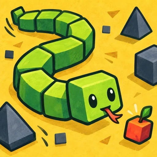 A lime-green snake chasing a bright red fruit
