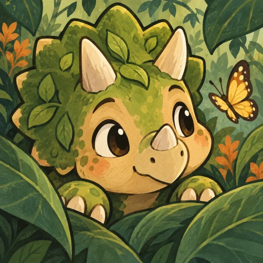 A friendly little horned dinosaur peeking through forest leaves