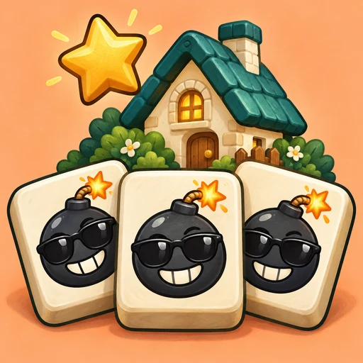 Three matching Bombert tiles beside a cozy teal-roofed cottage and golden star